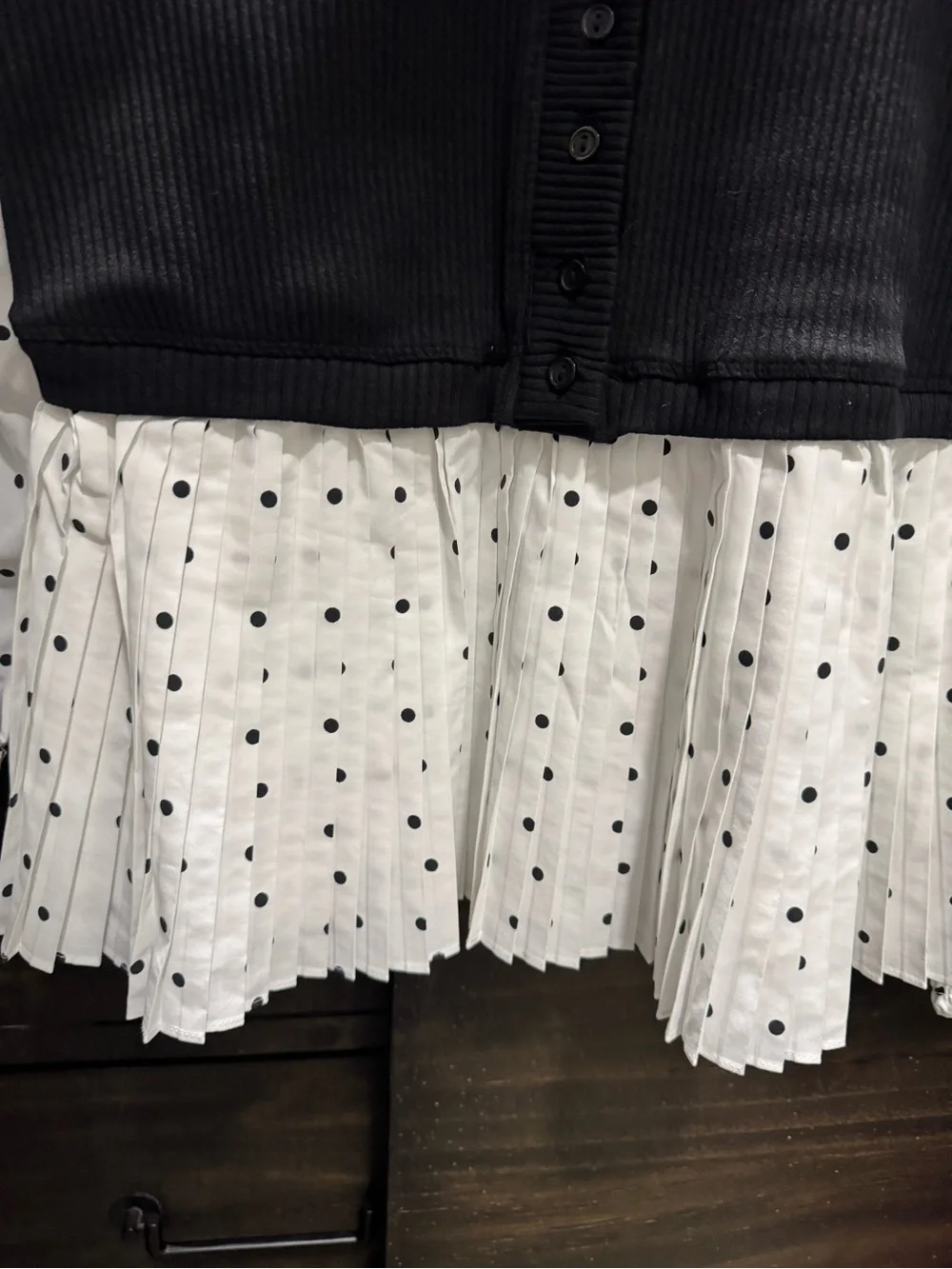 Anthropologie Black Ribbed Button Vest Over White Polka Dot Peplum Blouse